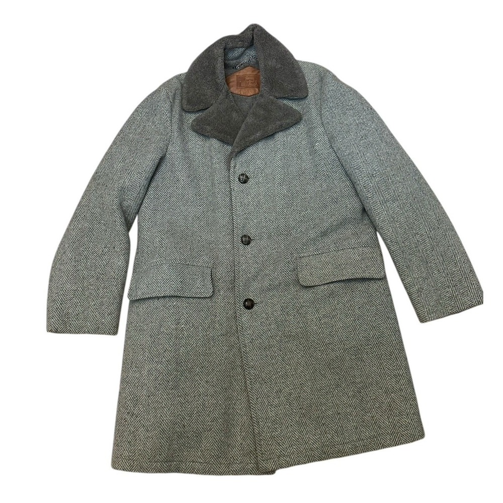 Woolrich VTG Herringbone Wool Coat Heavy Peacoat L Sz 40 Sherpa Lined Green Gray - Picture 10 of 10